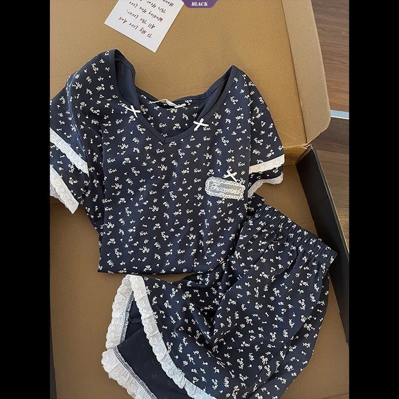 Bộ đồ ngủ ren hoa ngọt ngào Nữ mùa hè có miếng lót áo ngực Quần Short ngắn tay Bộ đồ mặc nhà [BL]