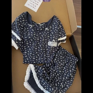 Bộ đồ ngủ ren hoa ngọt ngào Nữ mùa hè có miếng lót áo ngực Quần Short ngắn tay Bộ đồ mặc nhà [BL]
