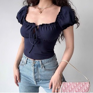 Áo croptop trễ vai tiểu thư nơ cổ ôm body mặc được 2 kiểu