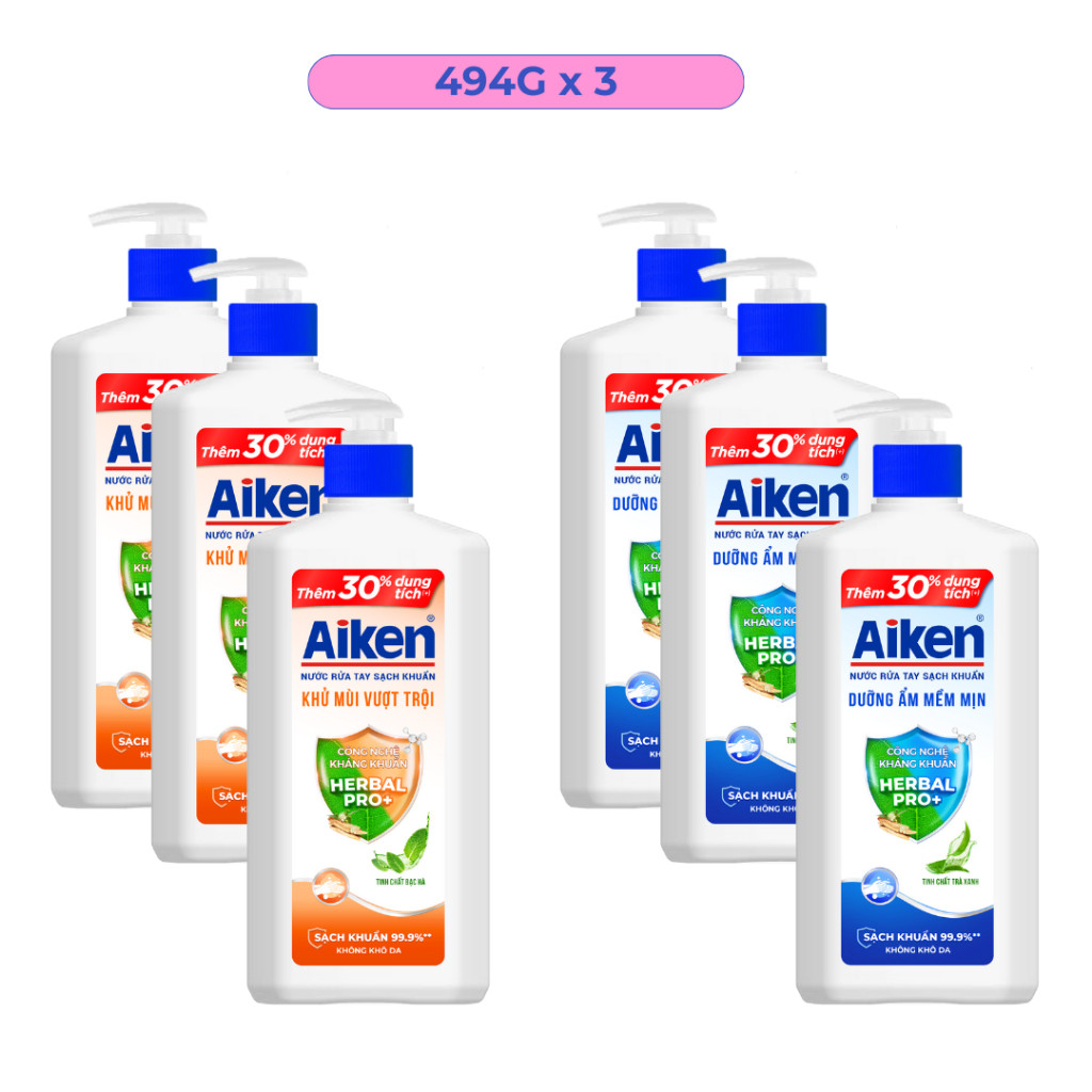 Combo 3 Nước rửa tay Aiken Sạch khuẩn khử mùi / dưỡng ẩm (494g x 3)