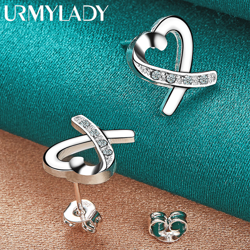 URMYLADY Bạc 925 Trái Tim Tình Yêu Zircon Bông Tai Dành Cho Nữ Tiệc Cưới Trang Sức Thời Trang