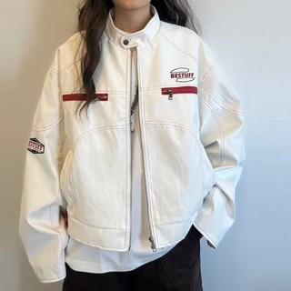 Gksss Áo khoác da nam cao cấp Mỹ dáng rộng giản dị trung tính hợp thời trang Áo khoác xe máy da PU