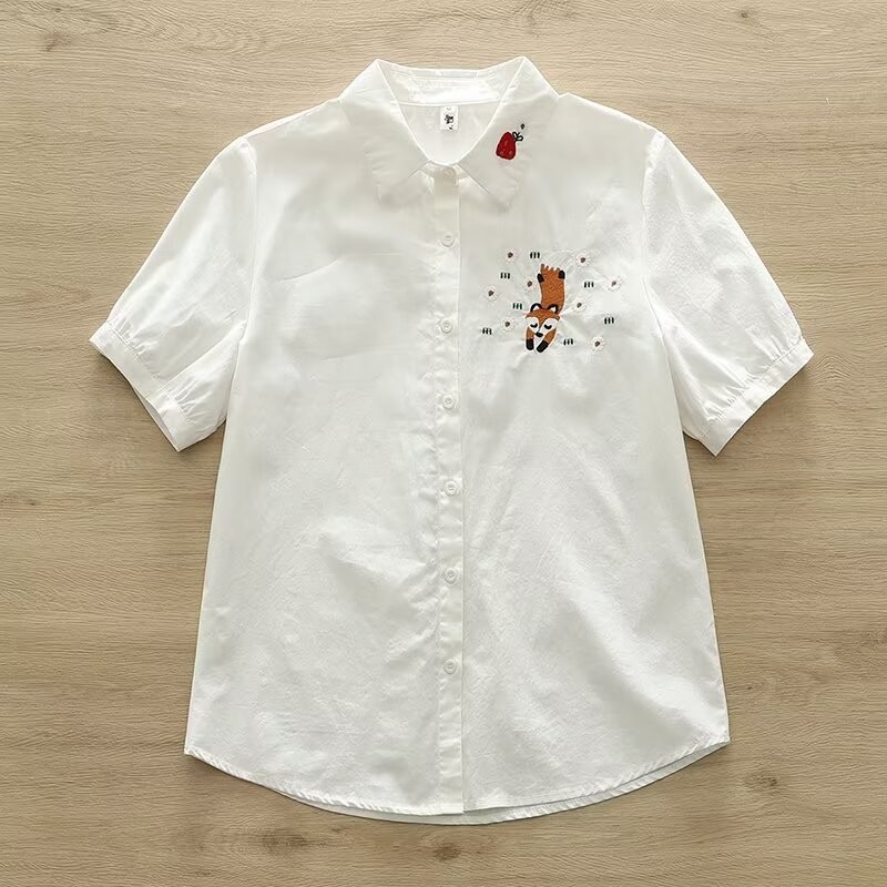 Áo sơ mi nữ tay ngắn họa tiết mèo cáo thêu, 100% cotton chất lượng cao, phù hợp mùa hè