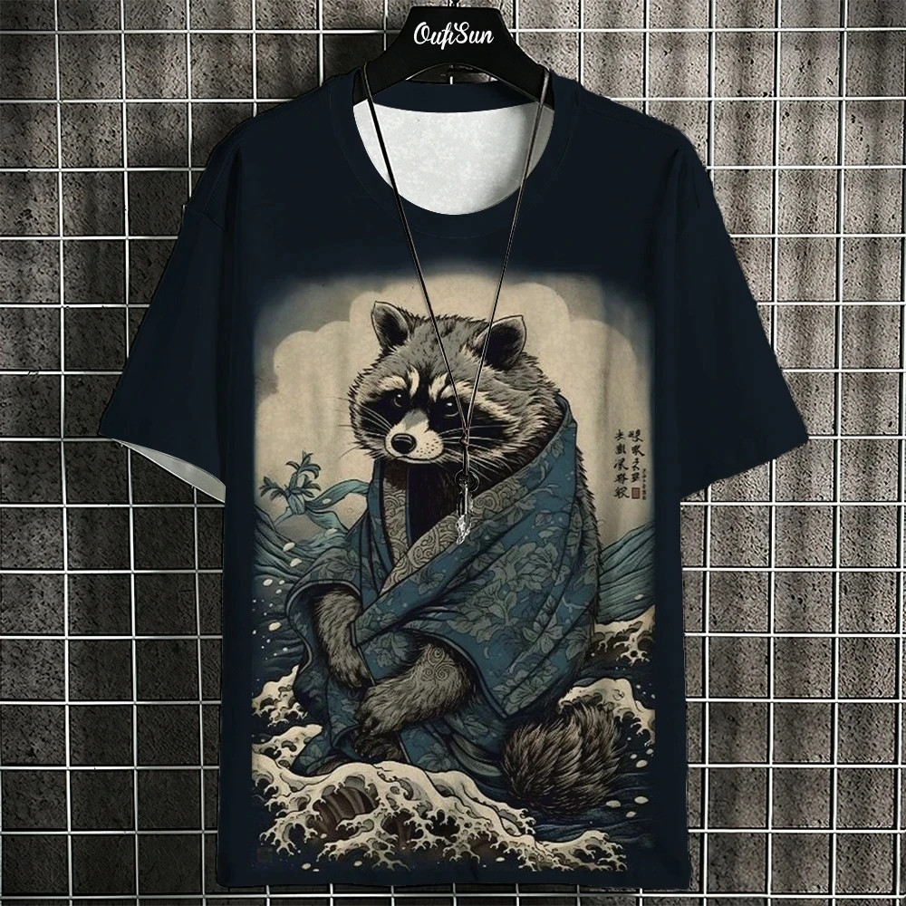 Áo thun unisex phong cách Nhật Bản, in hình mèo samurai 3D, kèm bông tai kẹp