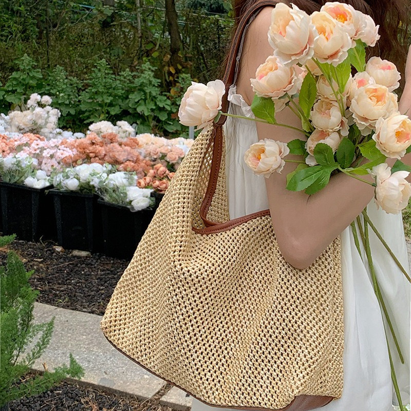 Túi xách cói nữ, Sức Chứa Lớn, Phong Cách Vintage Sang Chảnh,  Quai Da Đơn Giản, Nhẹ Nhàng Cho Nữ