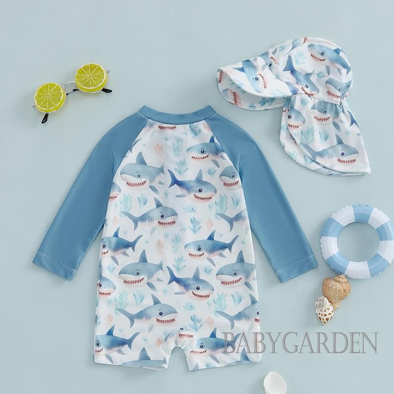 / / -6Month-5 Tuổi Đồ bơi dài tay cho trẻ em / bé trai + Sunhat Shark Print Half Zipper Chống đóng cọc Rash Guard Đồ bơi