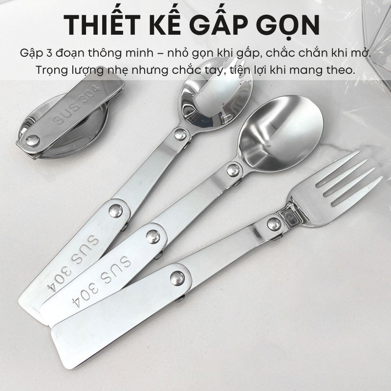 Bộ Thìa Nĩa Gấp Ba Inox 304 Không Gỉ Cao Cấp – Gấp Gọn, Cầm Êm, Mang Đi Dã Ngoại, Camping, Đi Học Đi Làm Tiện Lợi| 305