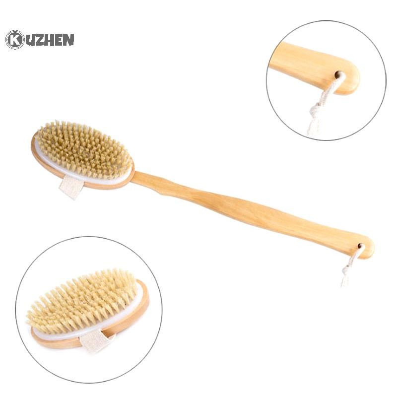 KUZHEN Phòng tắm Bàn chải cơ thể Tay cầm dài Tắm Lông tự nhiên Bàn chải tẩy tế bào chết Máy mát xa có tay cầm bằng gỗ Bàn chải khô Dụng cụ tắm HOT
