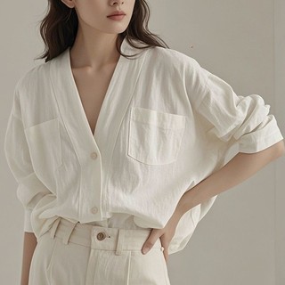 Áo Sơ Mi Trắng Nữ Pháp Cổ Chữ v Nguyên Chất Cotton Rời Dài Tay Top Ôm Hơn-