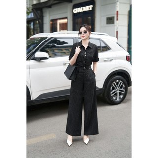 Set sơ mi tay cộc kẻ sọc phối quần ống rộng SET096