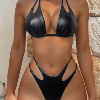 Đồ Bơi Nữ Màu Đen Sáng Dây Rỗng Ra Băng Hai Mảnh Bikini Đồ Bơi