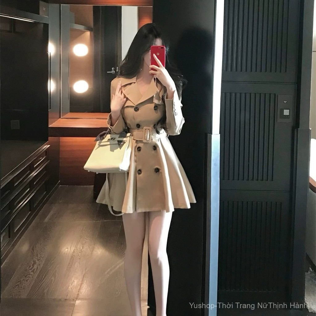 [YU]Áo Khoác Trench Nữ Dáng Dài Màu Kaki, hai Hàng Khuy, Phong Cách Hàn Cao Cấp