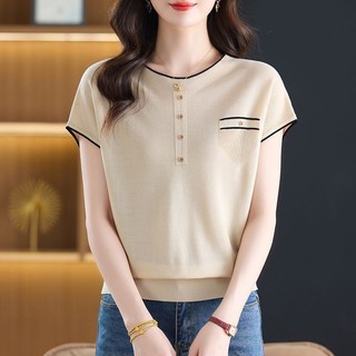Cổ Tròn Vai Trước Tay Ngắn Người Nhỏ 2025 Phong Cách Mới Mùa Hè Mỏng Ngắn Eo Eo Top Nữ Cao Cấp Bộ Áo Thun