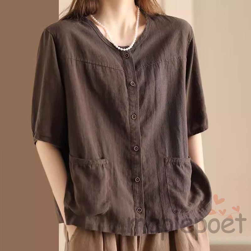 MAPLEPOET Áo nữ kiểu dáng giản dị, vải lanh ngắn tay, màu trơn phù hợp mùa xuân hè