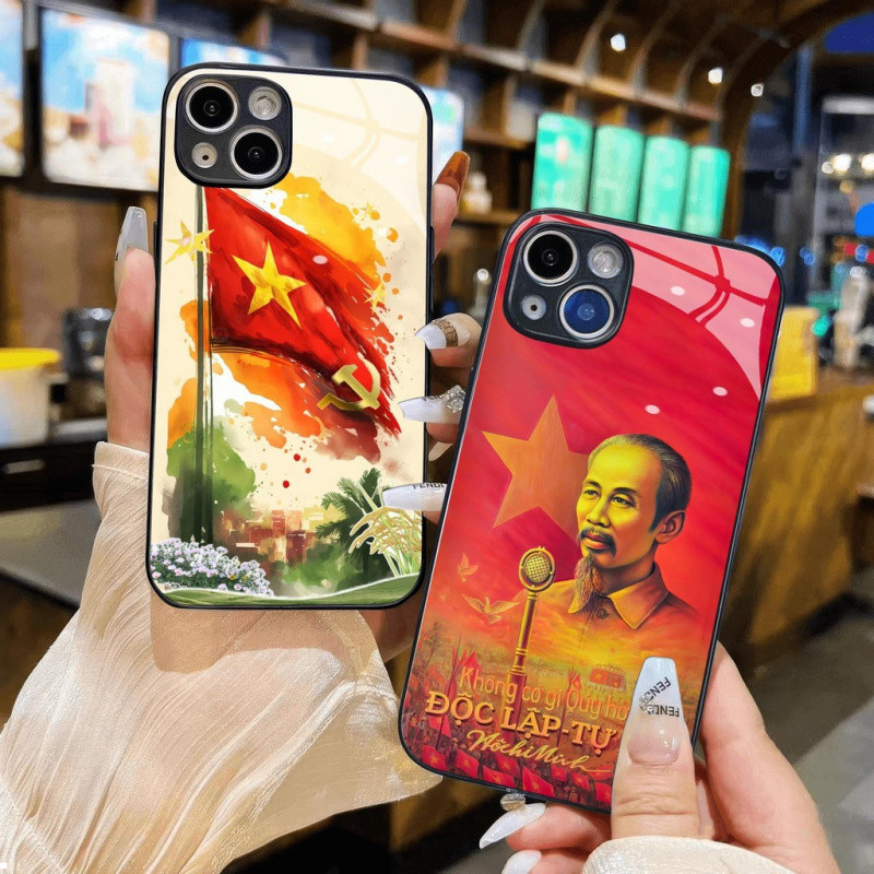 Ốp điện thoại kính màu vàng lá cờ Việt Nam Uncle Ho cho iPhone 16 17.35 14 13 12 11 8 7 6 6s 6p 7p 8p 6g 7g 8g Pro Max XR XS xsmax