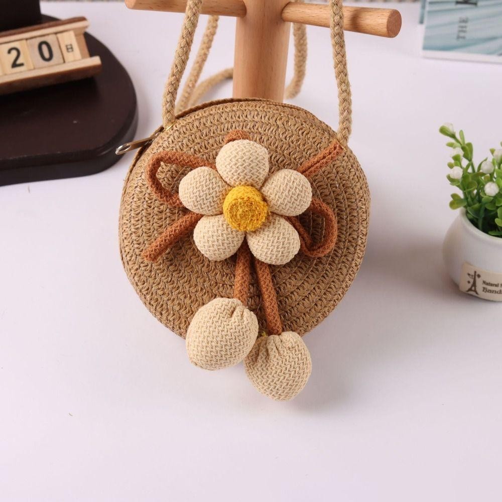 HOBBYIN Túi rơm HOBBYIN, Túi cói màu trơn hình hoa, Ví đựng tiền xu dệt thủ công thông thường cho trẻ em