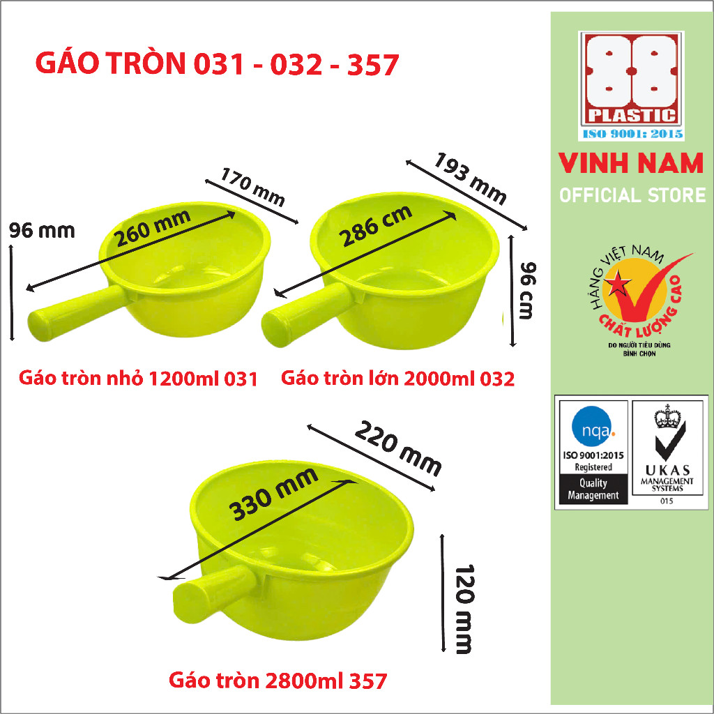 Gáo Nước Gáo Nhựa Tròn Vinh Nam Plastic 1,2L 2L 2,8L Nhiều Màu Sắc Gáo Múc Nước Nhựa Mã 031 032 357