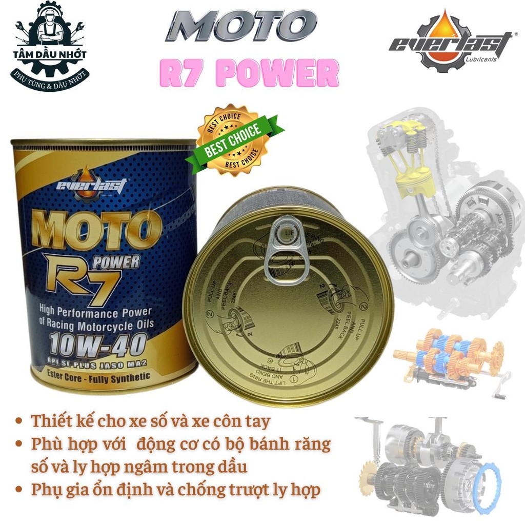 Dầu Nhớt xe số/côn tay - Everlast MOTO R7 POWER 10W40 SL 0.8L JASO MA2 - Khuyến mãi tặng ốc nhớt đầu nam châm