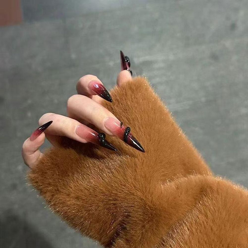 2025 Năm Con Rắn Handmade Đầu Dài Mặc Gia Vị Bé Gái Sinh Viên Chuyển Màu Đỏ Móng Tay Nghệ Thuật W5b1