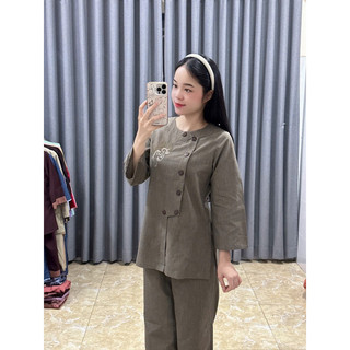 Set Cổ Trụ Tròn Thêu Tâm, Pháp Phục Nữ Đi Chùa