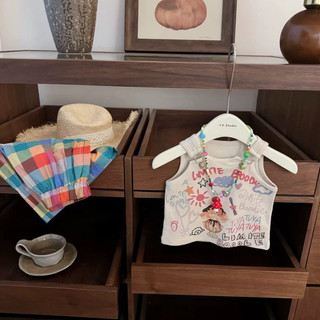 Bộ áo Vest bé gái phong cách mới mùa hè phiên bản Hàn Quốc Áo thun không tay Graffiti dễ thương + Quần thẳng kẻ sọc cầu vồng Bộ hai mảnh