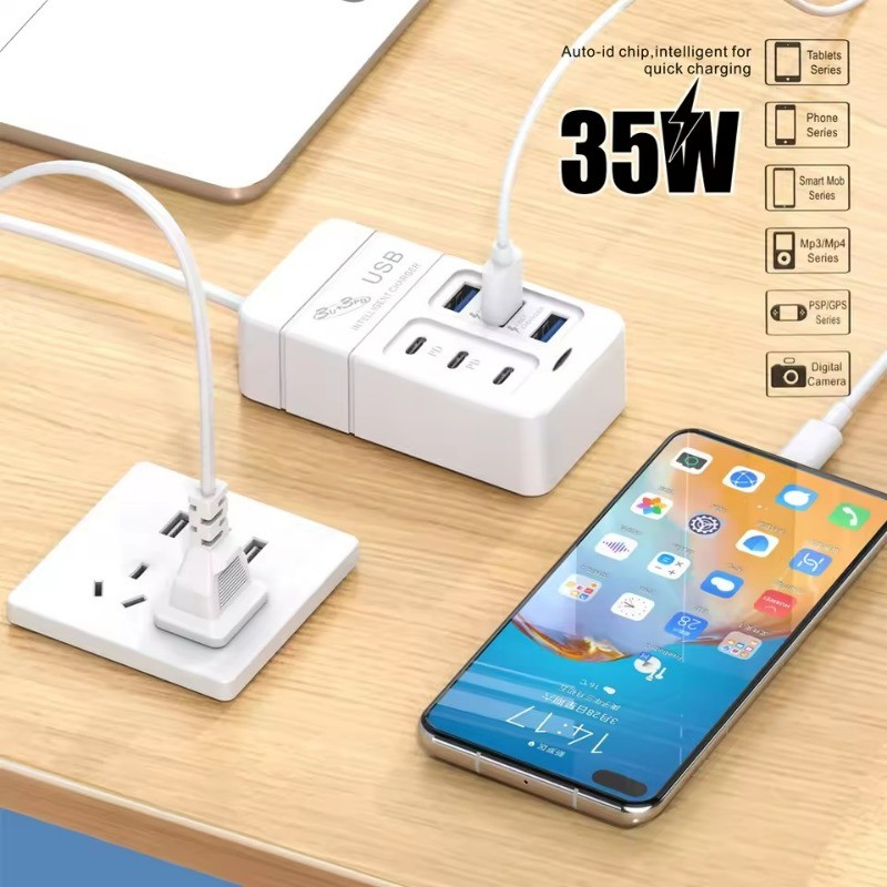 Bộ sạc nhanh 6 cổng 35W - Bộ sạc điện thoại di động nhanh USB - Điện thoại di động EU US Plug - Bộ chuyển đổi sạc nguồn đa chức năng để bàn - Dành cho văn phòng tại nhà, trường học, phòng du lịch