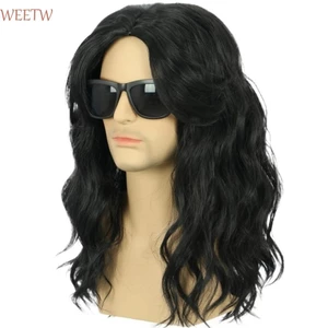 WEETW Tóc Giả Nhập Vai Màu Đen Dài, Tiệc Cosplay Full Head Trang Phục Halloween Tóc Giả, Disco Anime Hippie Retro Nam Tổng Hợp Tóc Giả Hộp Đêm Thanh
