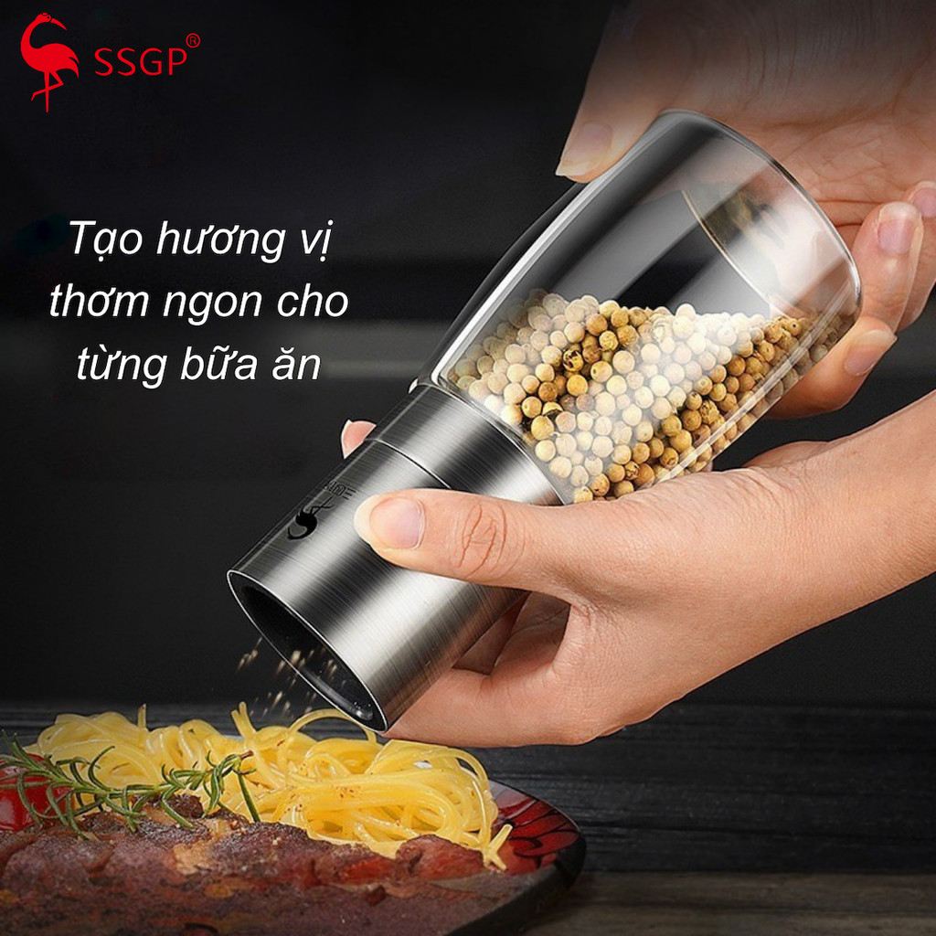 Dụng cụ xay tiêu cầm tay Inox 304 cao cấp của SSGP , SS14401 lọ xay tiêu, xay tiêu thủy tinh