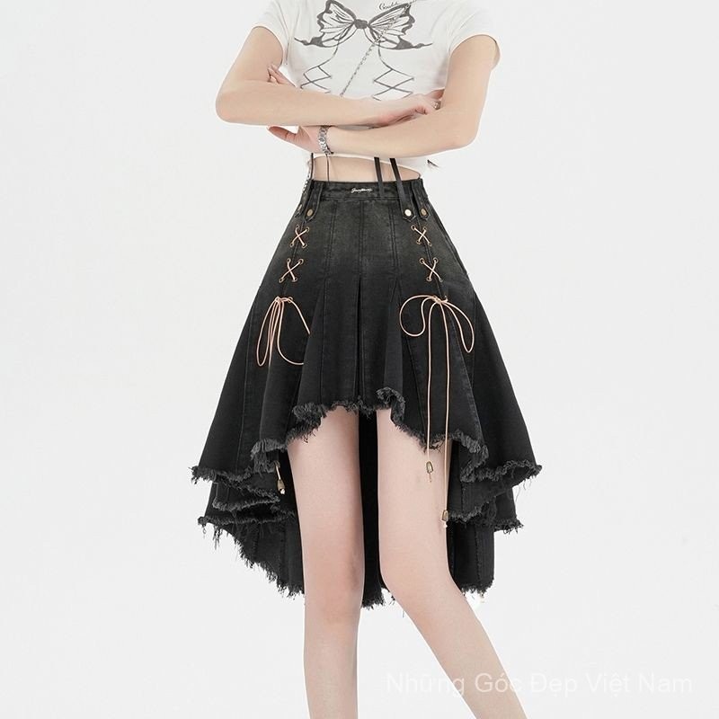 [Giảm Giá] Váy denim xếp ly đen retro, phong cách mới cho mùa hè, ôm body quyến rũ - QVTK