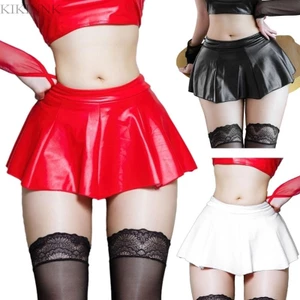 Womens Summer PU Leather Pleated Mini Skirt Waist Ultra Short Skirts