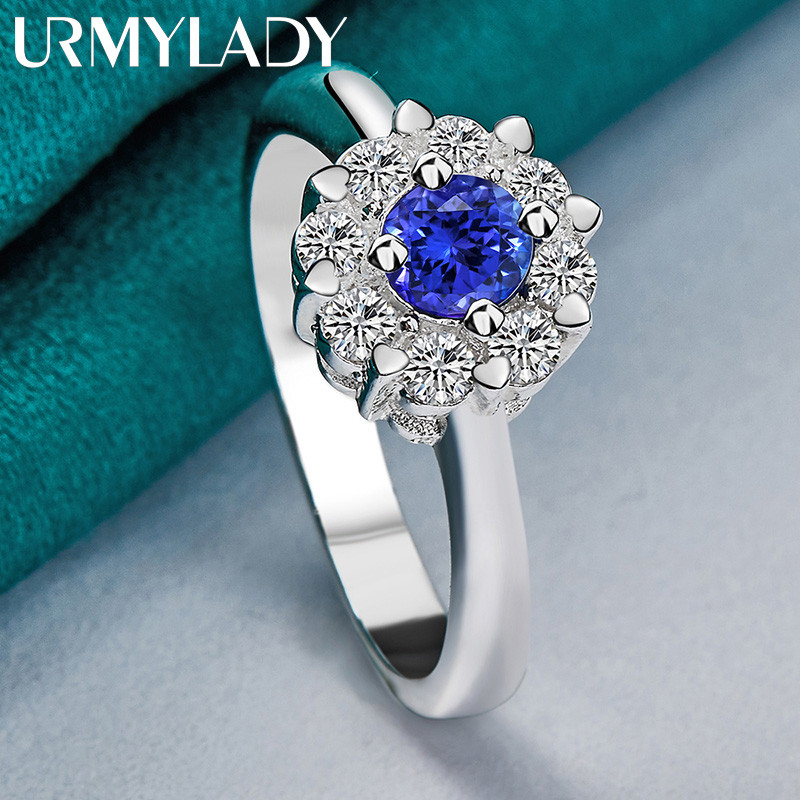 URMYLADY Bạc 925 Hoa Xanh Zircon 7-10 # Nhẫn Nữ Tiệc Cưới Trang Sức Thời Trang