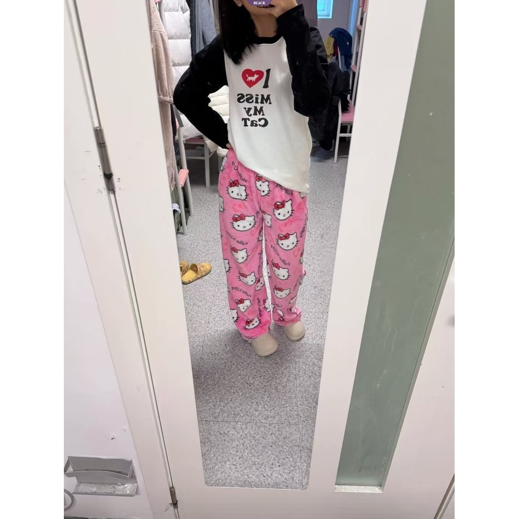 Quần ngủ Flannel HelloKitty thẳng Nữ phiên bản Hàn Quốc của phim hoạt hình Quần có đệm thoải mái tại nhà [BL]