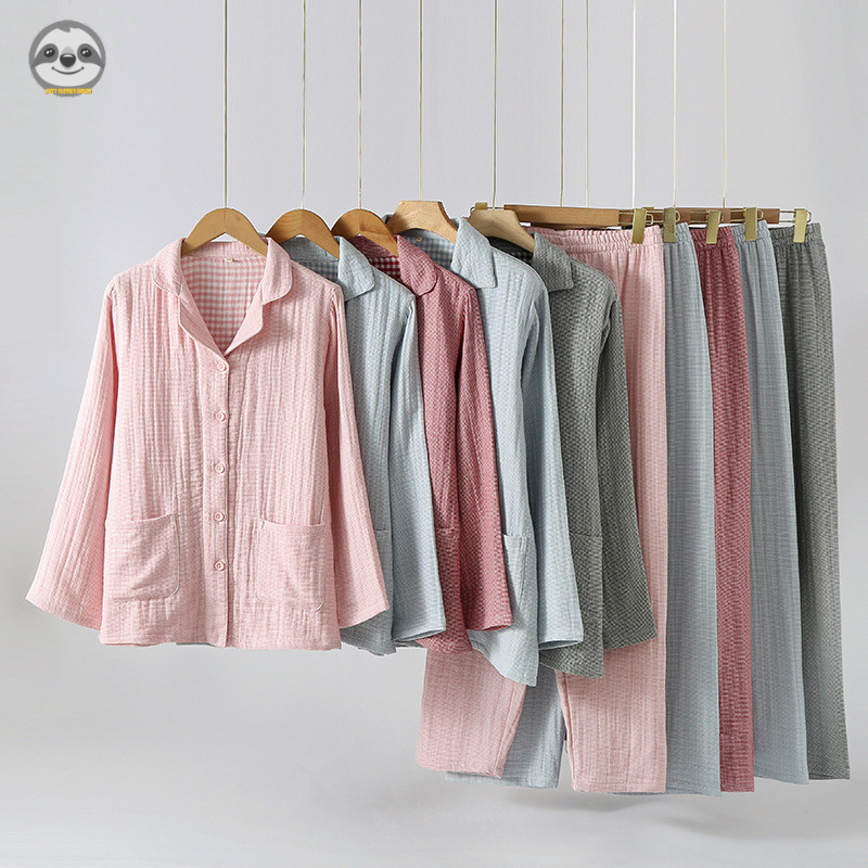 Phong Cách Nhật Bản Phong Cách Muji / Nam Nữ Cotton Nguyên Chất Sợi Bốn Lớp Cặp Đôi Phong Cách Homewear Suit / Mùa Thu Đông Dày Quần Dài Tay Bộ Đồ Ngủ