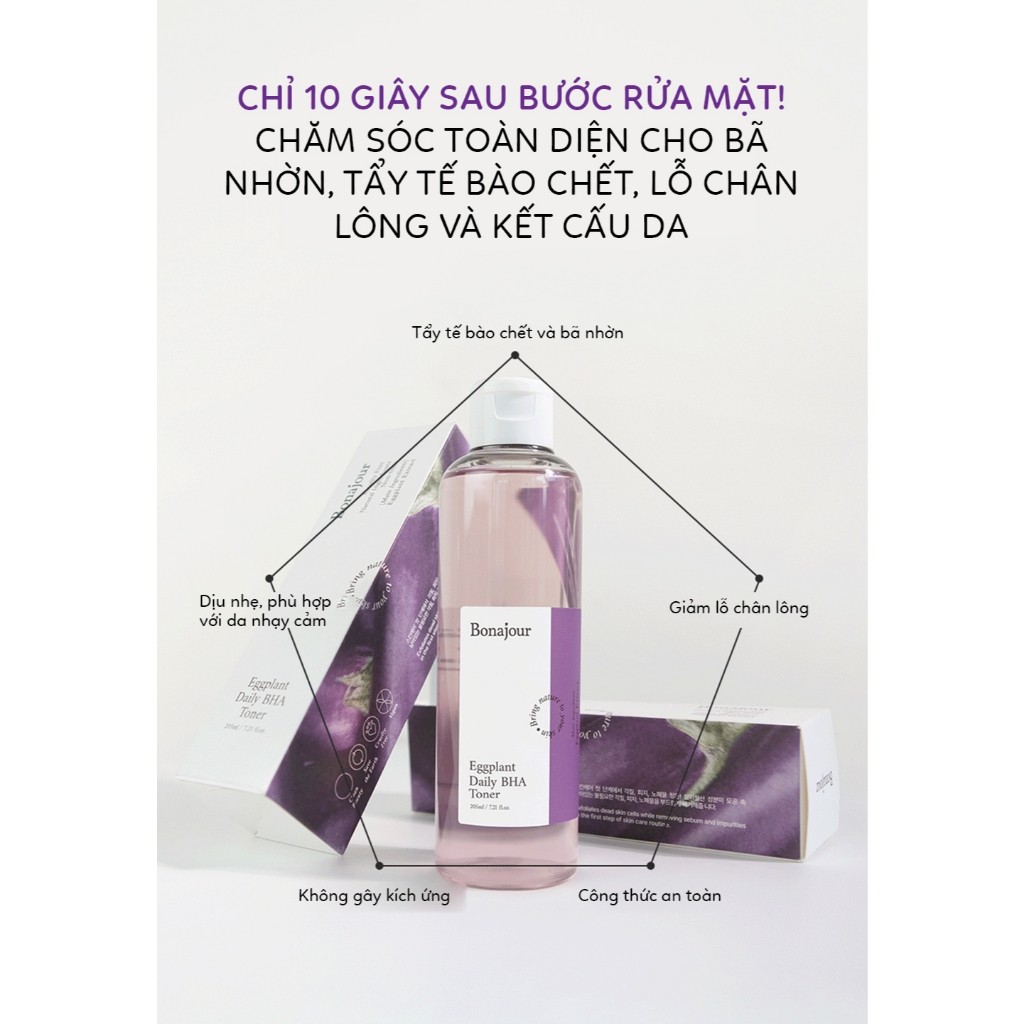 Nước hoa hồng chăm sóc da hằng ngày BONAJOUR EGGPLANT DAILY BHA TONER 205ml | DAMDAVN