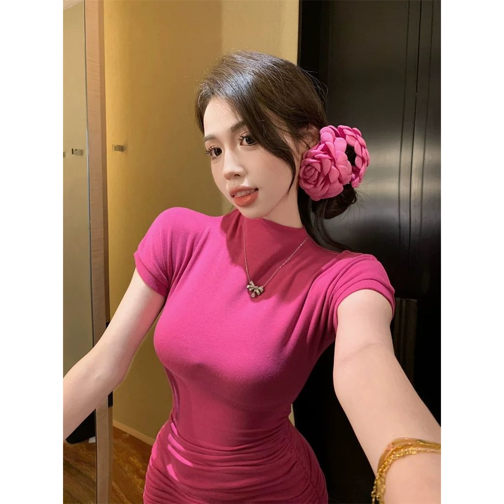 Váy ngắn tay cổ cao nửa cổ cao dành cho nữ Pure Desire Hot Girl xếp ly ...
