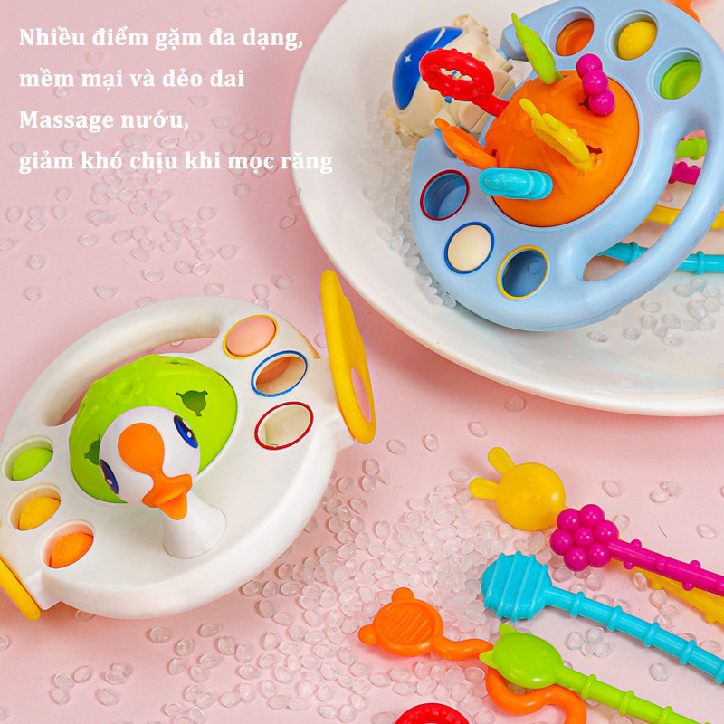 Đồ chơi rút dây silicon gặm nướu hình đĩa bay cho bé, đồ chơi dây kéo cầm tay hình phi hành gia, Giáo dục sớm Montessori