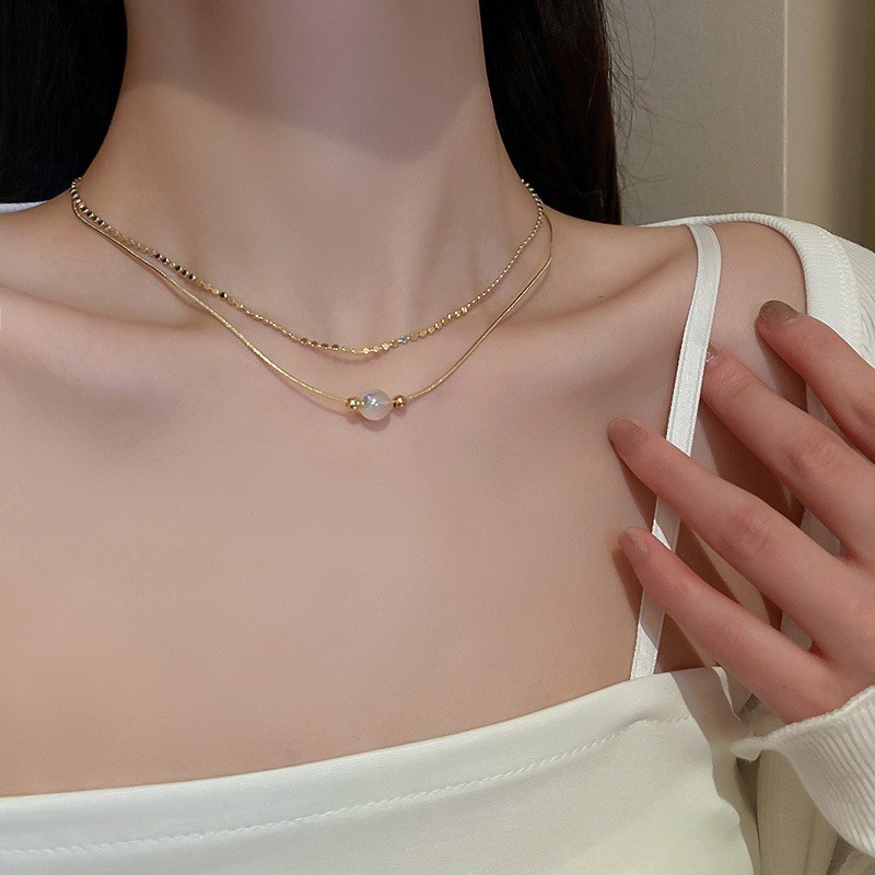 Vòng cổ chuỗi ngọc trai ánh sáng màu, phong cách cổ điển Hàn Quốc