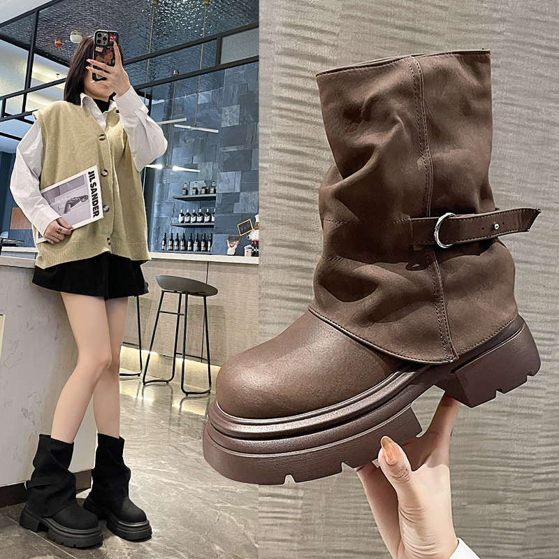 Retro Giày Bốt Ngắn Nữ Thu Đông Phong Cách Mới Quần Giày Bốt Đế Dày Bán Chạy Martin Giày Melade Đầu Thu Giày Bốt
