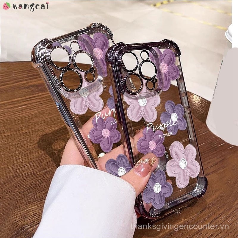 Ốp điện thoại tương thích với iPhone 16 15 14 Plus 13 Pro Max Ốp mềm chống sốc chống sốc họa tiết hoa sơn dầu màu tím phong cách Hàn Quốc Ốp lưng