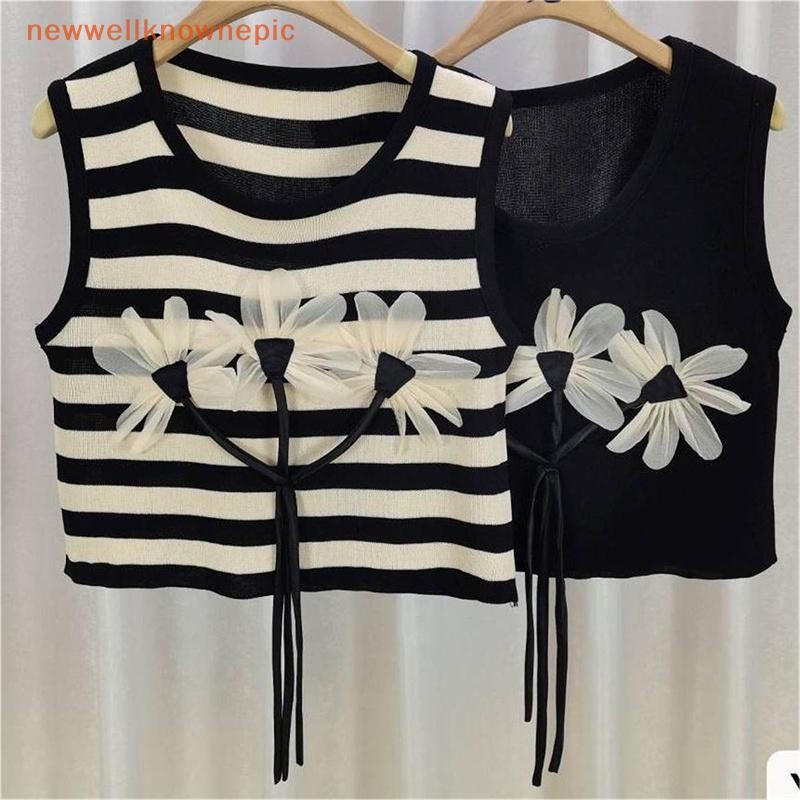 Newwellknownepic Thời Trang Mùa Hè Sang Trọng Hoa Dệt Kim Áo Vest Nữ Cổ Tròn Không Tay Sọc Tank Top VN