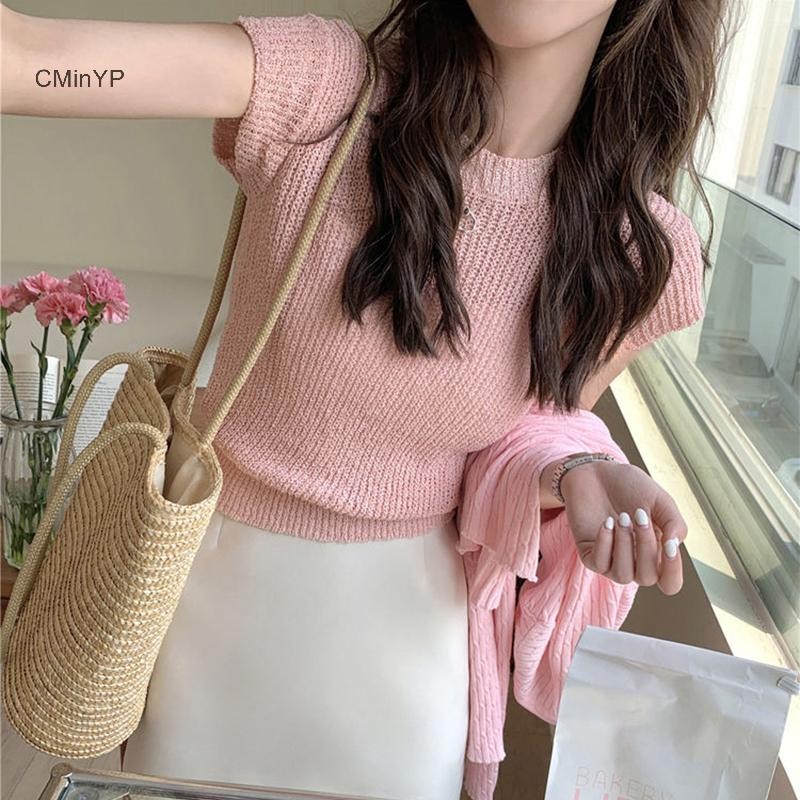 Cminyp Mùa Hè Màu Trơn Retro Dệt Kim Áo Thun Nữ Cổ Tròn Bay Tay Crop Top Glory