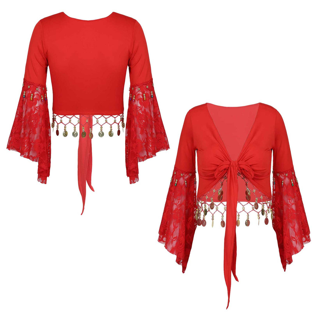 YOOJOO Nữ Bụng Khiêu Vũ Trang Ren Chắp Vá Ba Phần Tư Tay Pháo Sáng Chuông Hạt Tua Rua Ren-Up Khăn Choàng Crop Tops Cardigan