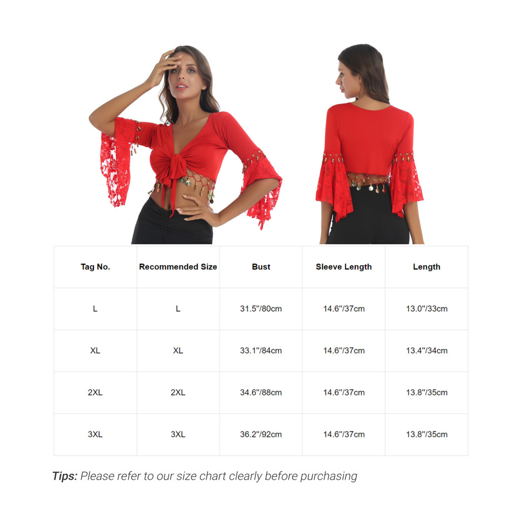 YOOJOO Nữ Bụng Khiêu Vũ Trang Ren Chắp Vá Ba Phần Tư Tay Pháo Sáng Chuông Hạt Tua Rua Ren-Up Khăn Choàng Crop Tops Cardigan