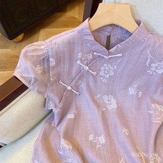 Mùa Hè Mới Nữ Họa Tiết Hoa Áo Sơ Mi Voan Phong Cách Trung Hoa Cổ Qipao Tay Ngắn Thời Trang Top