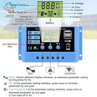 [DTA] Bộ điều khiển sạc năng lượng mặt trời 30A 20A 10A 12V 24V Bảng điều khiển năng lượng mặt trời tự động Bộ điều khiển LCD PV cho pin chì, USB kép VN