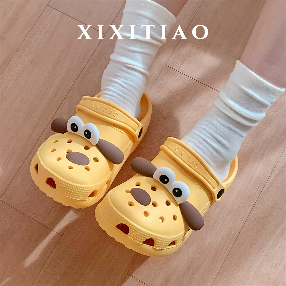 XIXITIAO Cặp Đôi Latte Màu Lỗ Giày Phong Cách Mới Vui Nhộn Mắt Lớn Chó Nam Nữ Mùa Hè Mặc Ngoài Trời Giày Sandal Đi Biển Dép Dép