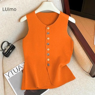 Luimo Pháp Thanh Lịch Nút Hoa Cổ Tròn Không Tay Áo Dệt Kim Mỏng Cho Nữ SBS