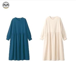 Phong cách Nhật Bản Muji Style - Váy chui đầu cotton dài tay dáng rộng