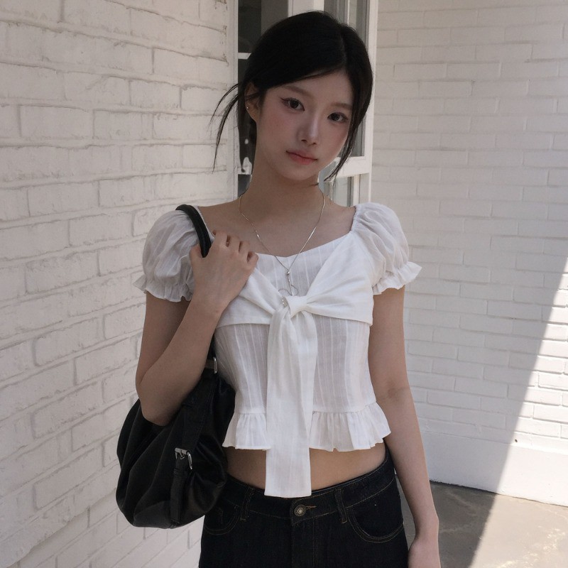 SUXI Áo sơ mi tay phồng buộc dây đơn giản, phù hợp mùa hè