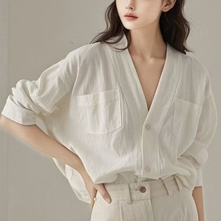 Áo Sơ Mi Trắng Nữ Pháp Cổ Chữ v Nguyên Chất Cotton Rời Dài Tay Top Ôm Hơn-